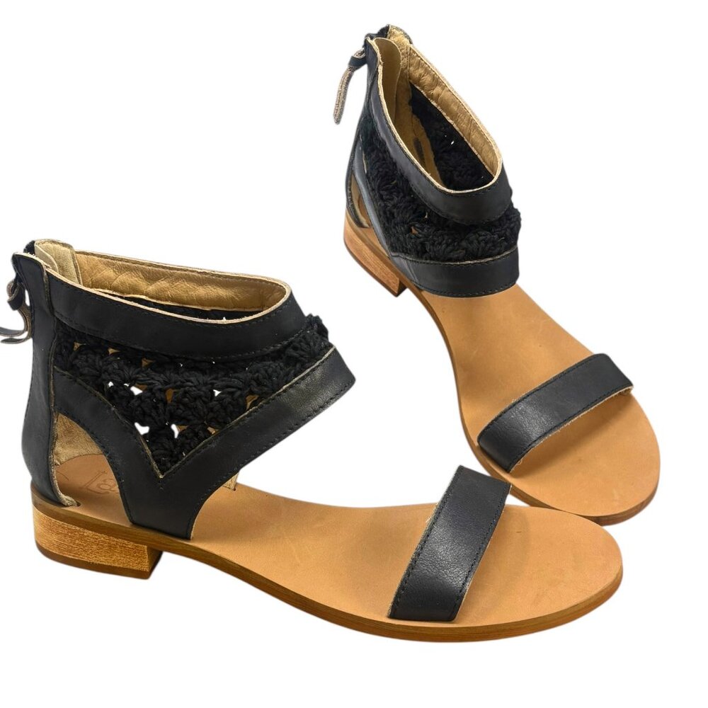 Latigo Rupee Black Leather Macrame Details Rear Zip Sandals